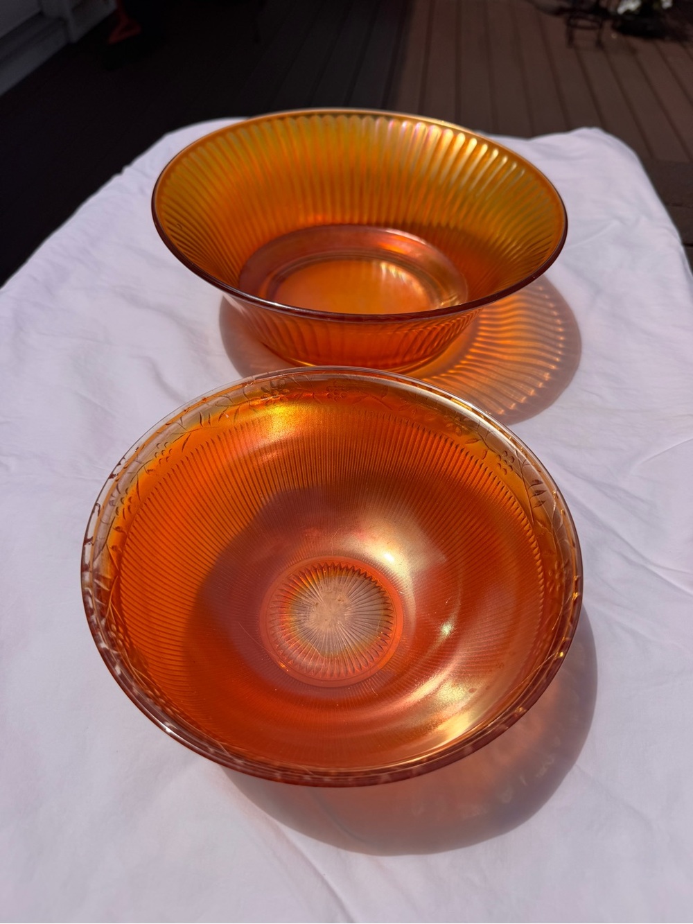 Iridescent Amber Carnival Glass Bowls - Set of 2
